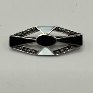 Vintage 1980’s Sterling Silver Brooch With Onyx, Marcasite, Mother of Pearl